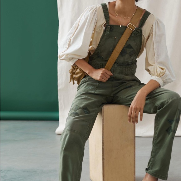 Anthro Pilcro Olive Green Overalls with Geometric Patterns - Picture 2 of 3